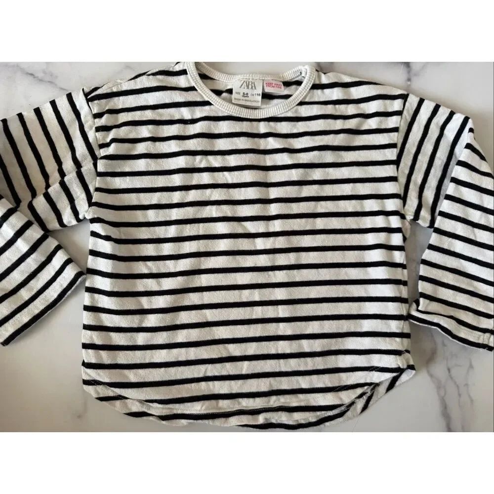 Zara 5-6 year black white stripes relaxed shirt girls long sleeve French style